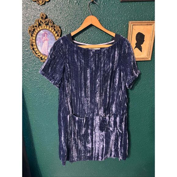 Anthropologie Floreat Crinkled Blue Velvet Pocket oversized Shift Dress Size-Sma - Picture 2 of 7